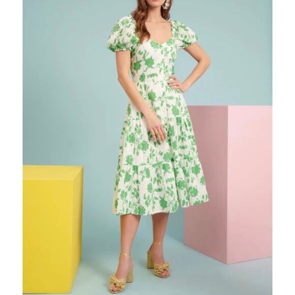 Rachel Parcell Stencil Eyelet Puff Sleeve Floral Midi Dress Size Medium Cottage - Picture 1 of 13